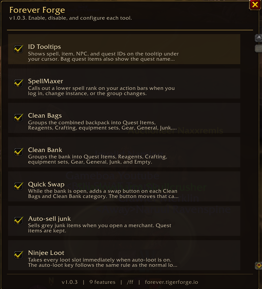 The Forever Forge menu, with a switch for each tool